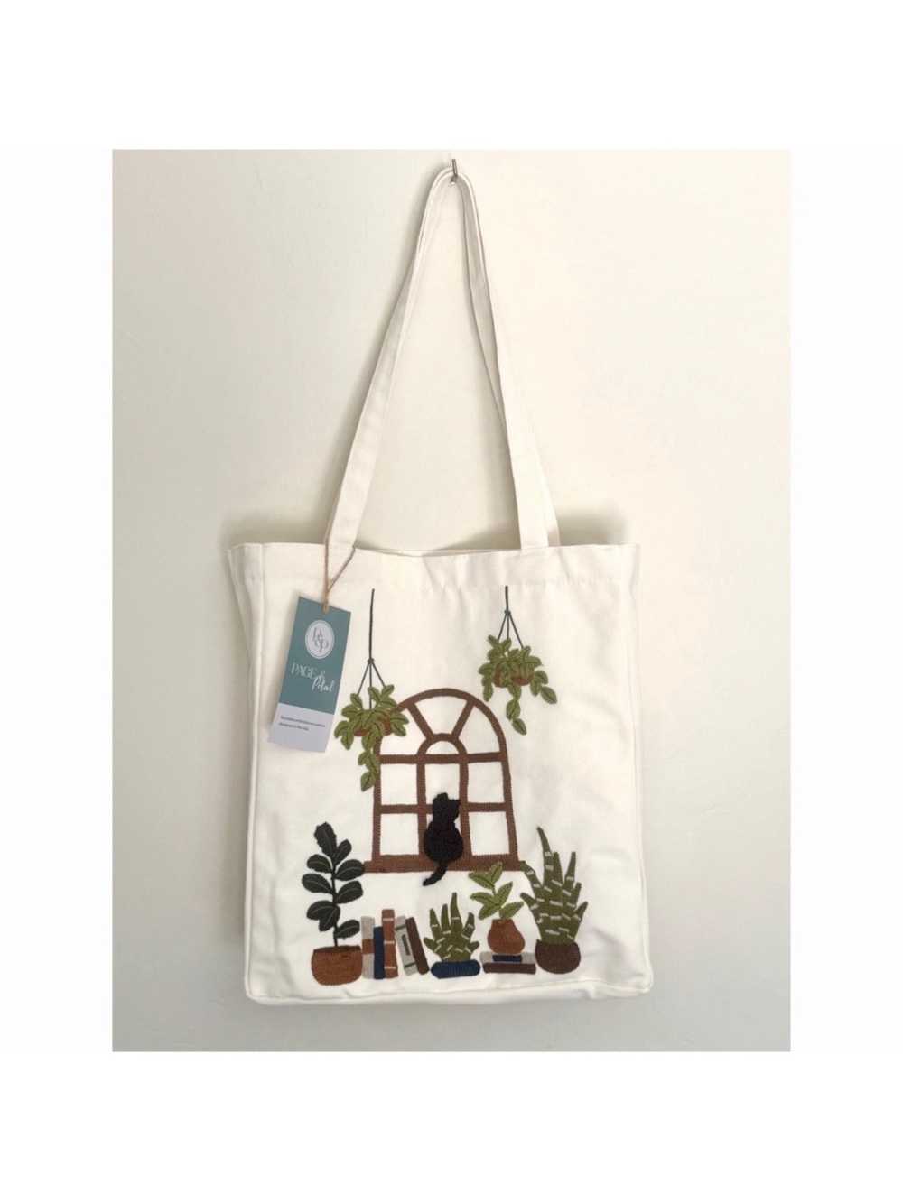 Page & Petal Embroidered Tote Bag Cat Window Plants Books Canvas Pocket Boho NWT